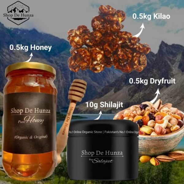 Shopdehunza best bundle of organic honey, pure shilajit, mix dry fruits, and with delicious walnut kilao package